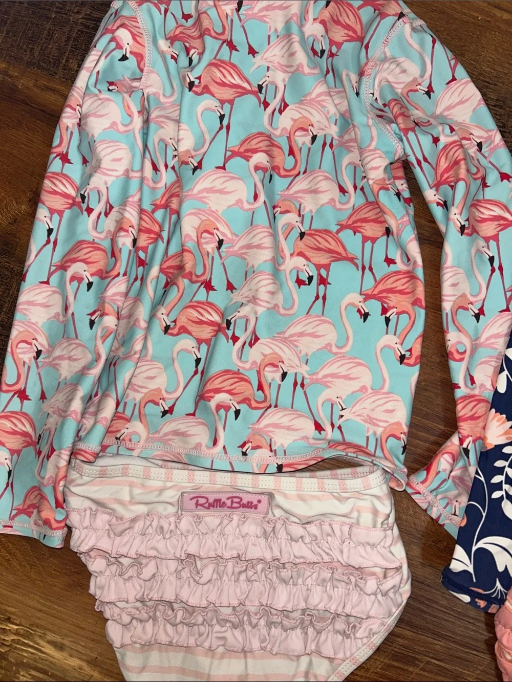 Ruffle Butts Turquoise Flamingo & Navy Floral Girls' Rashguard Set
